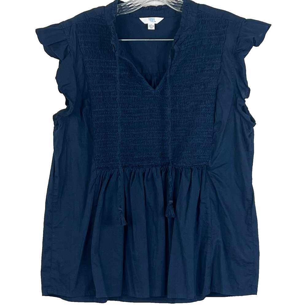 Time and Tru Kid's Large Navy Blue Smocked Yoke Top With Tassles V Neck